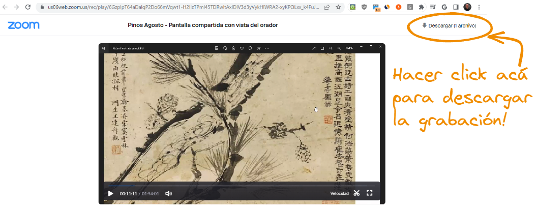 Captura de pantalla que muestra cómo descargar la grabación de la clase