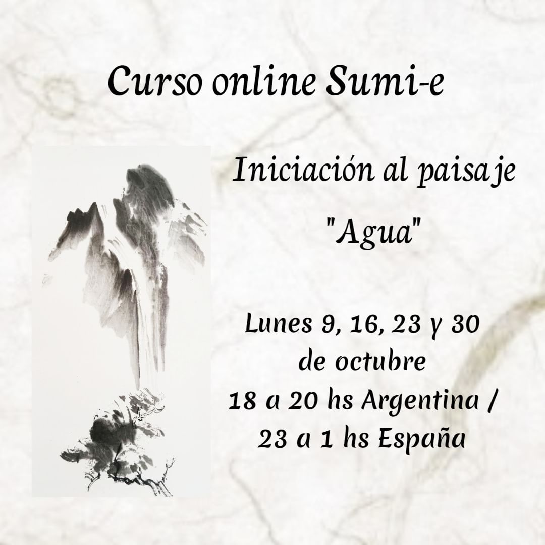 Pintura sumi-e del elemento agua, quieta y en movimiento