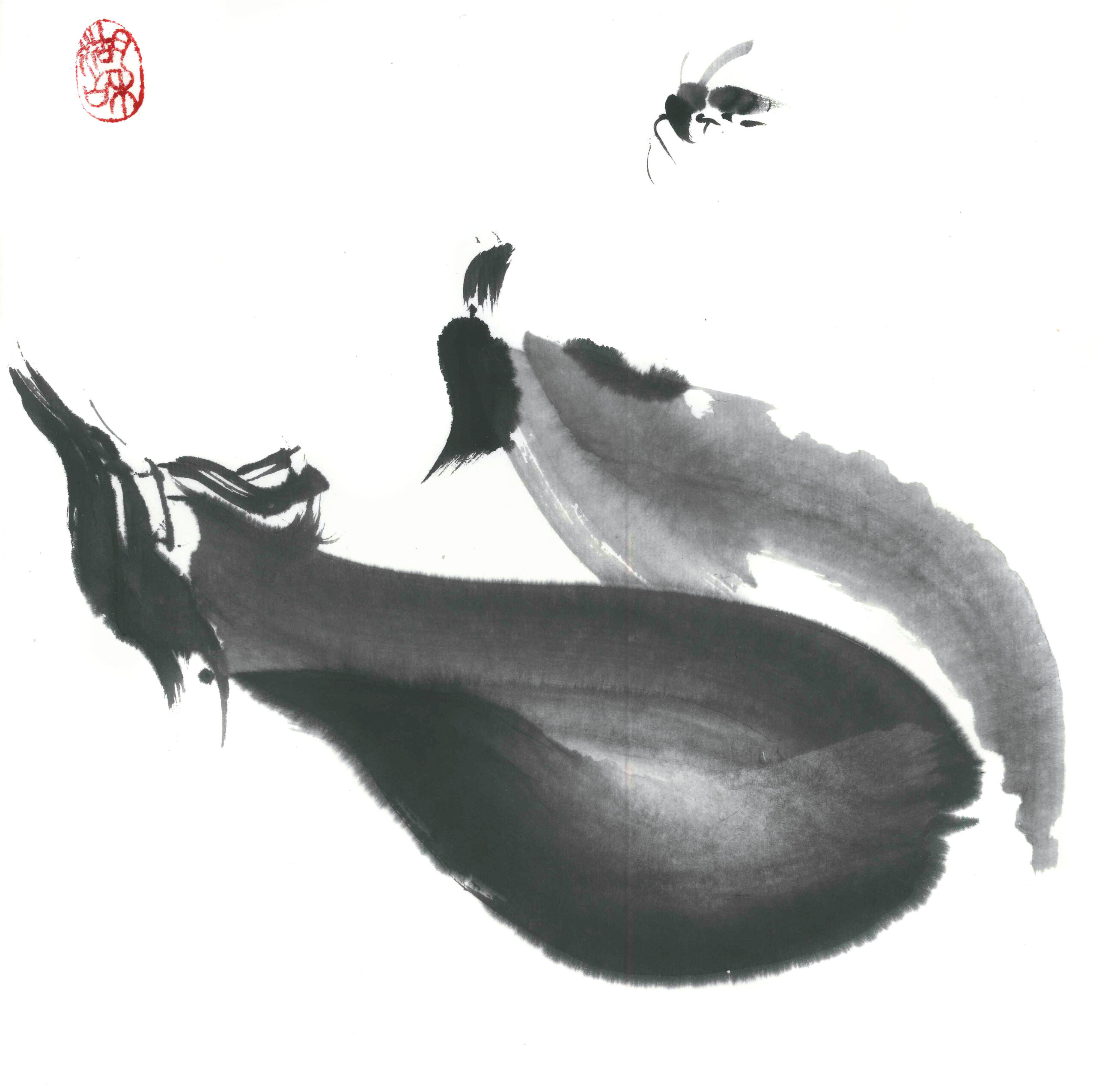 Pintura sumi-e de berenjenas y abeja