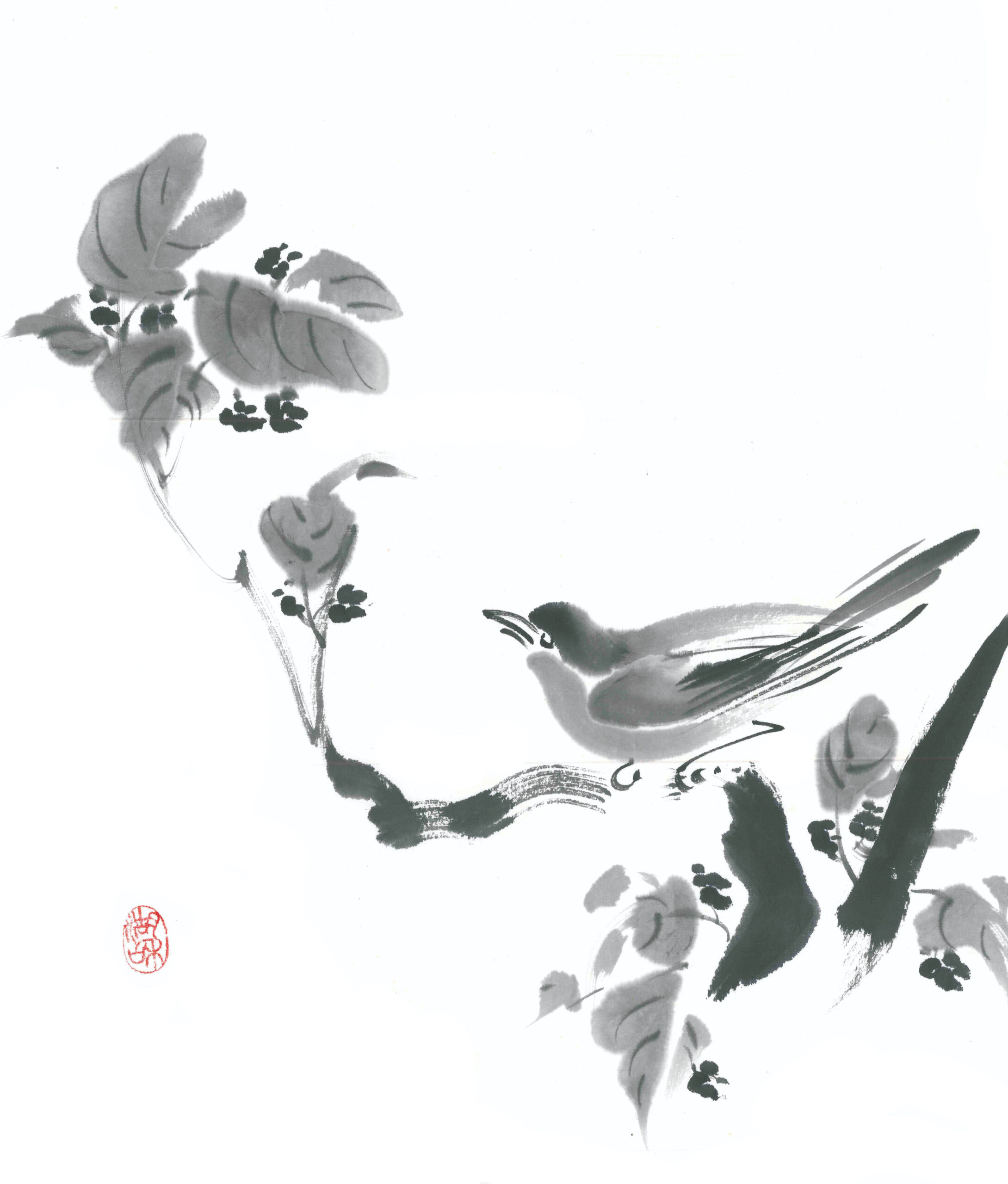Pintura sumi-e de pájaro en rama de moras