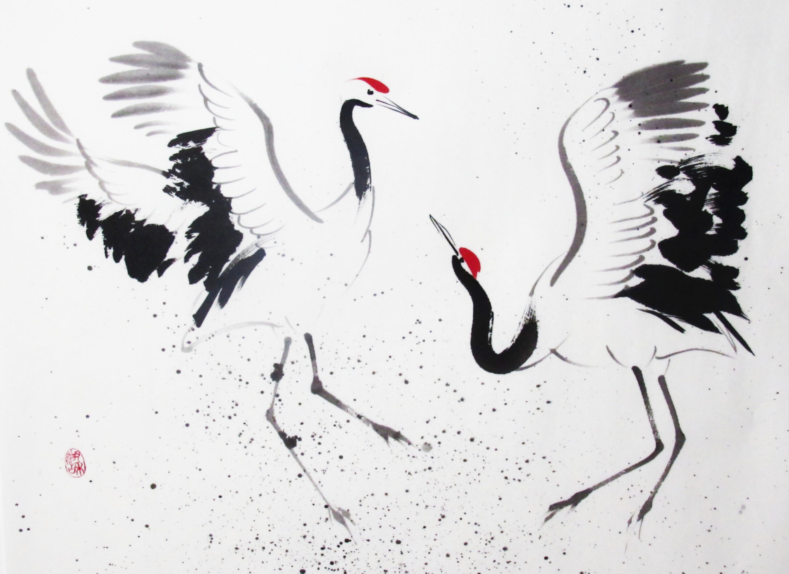 Pintura sumi-e de danza de las grullas