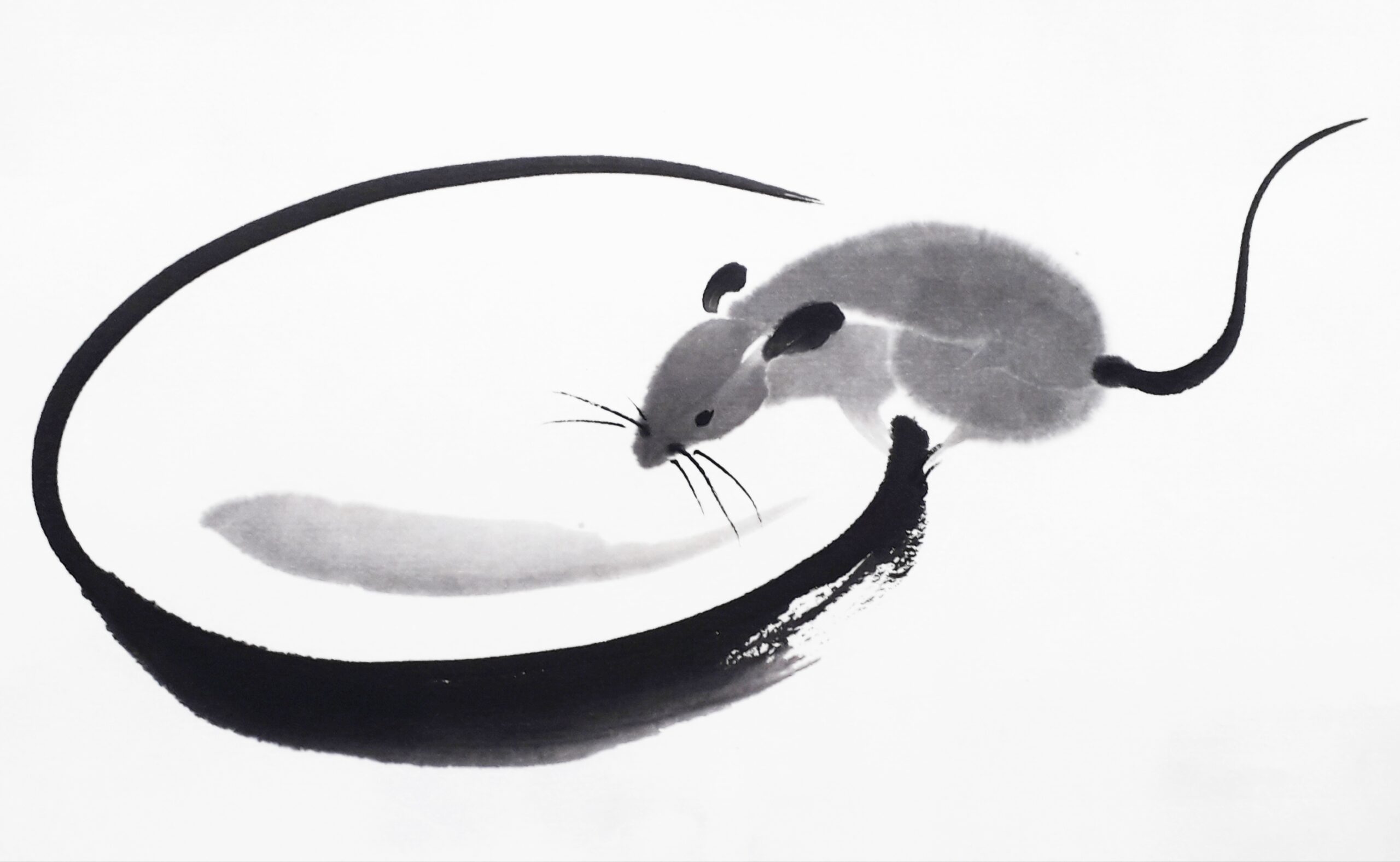 Pintura sumi-e de ratita tomando agua (dulce mirada)