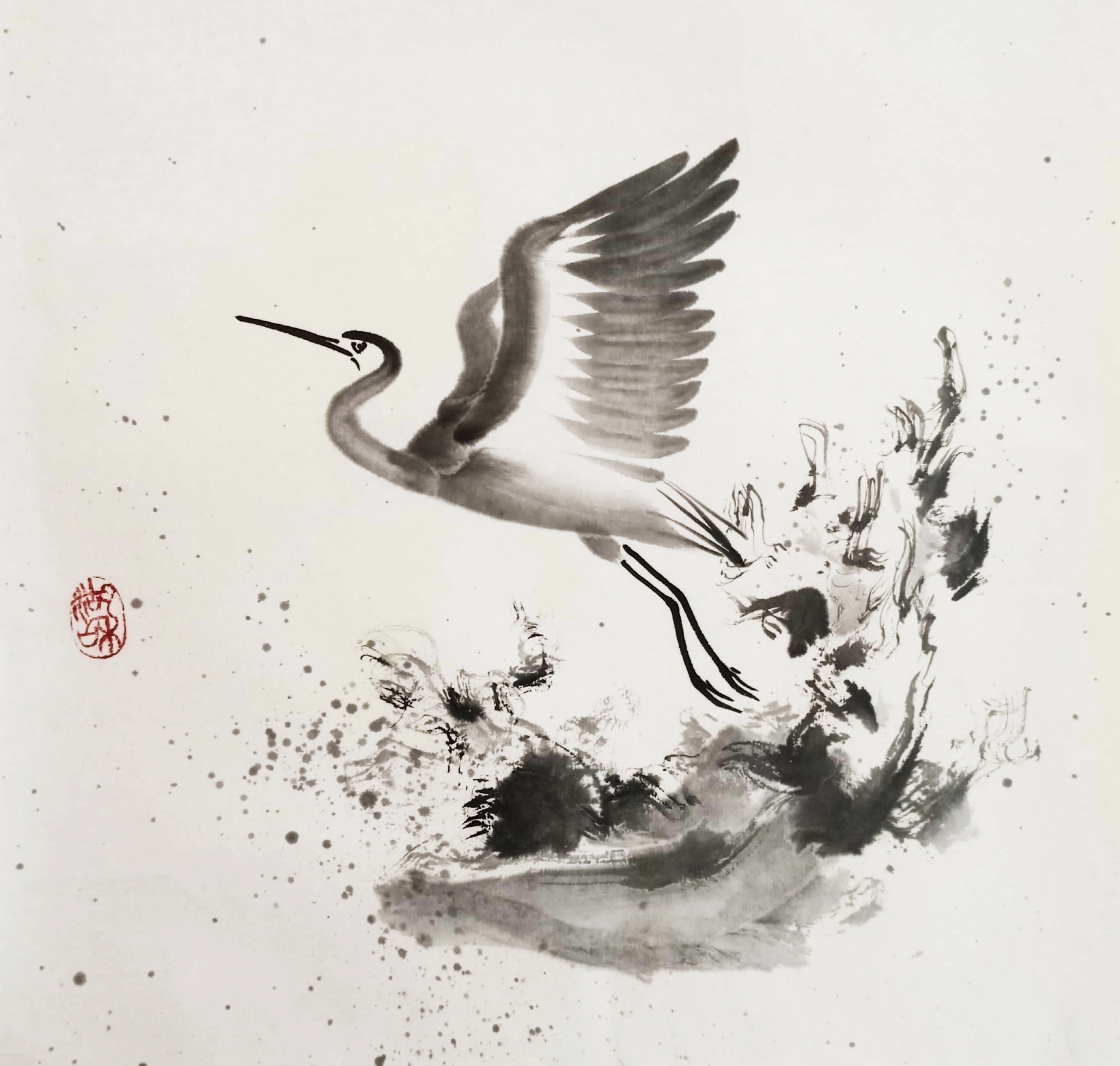 Pintura sumi-e de garza al atardecer