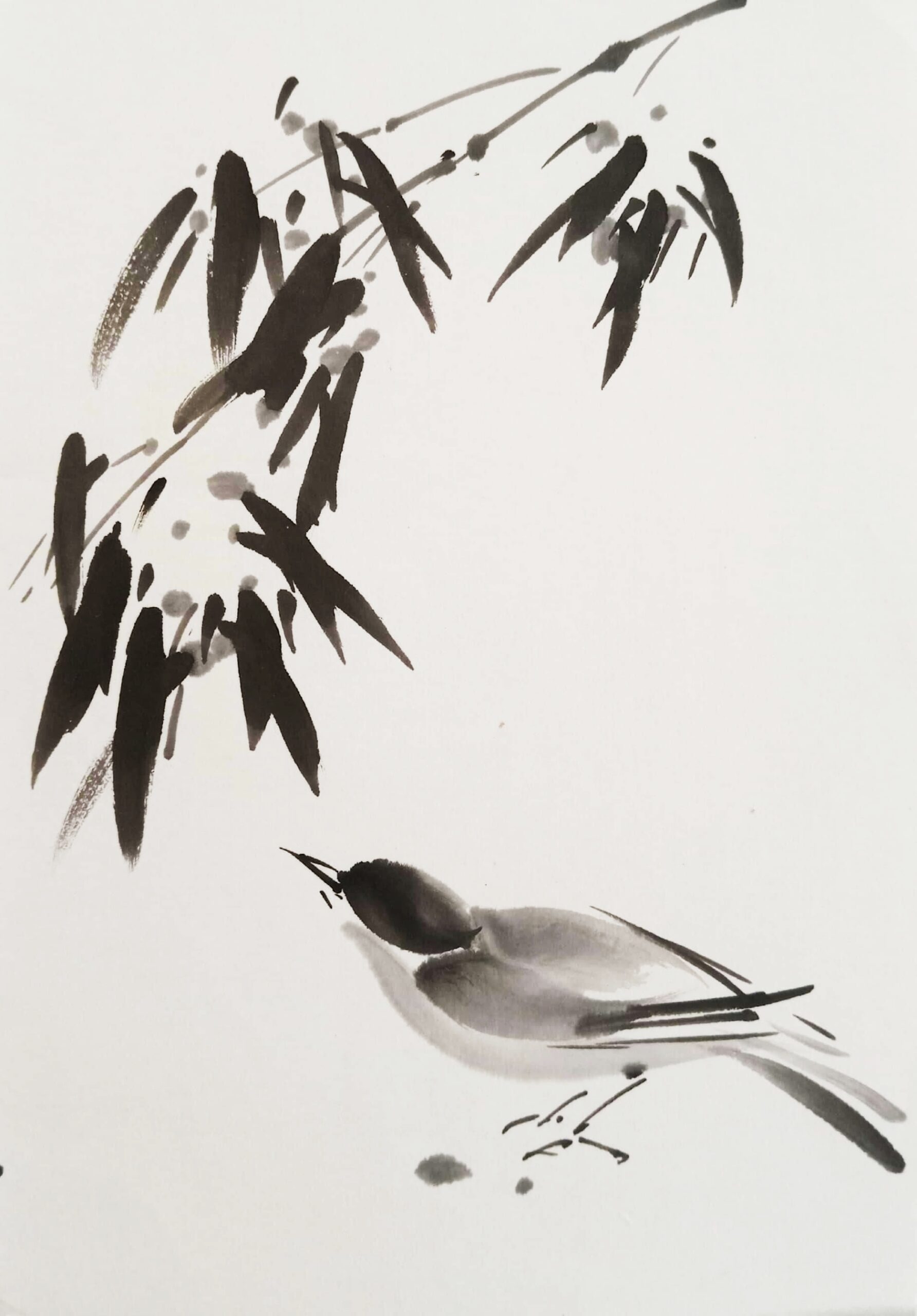 Pintura sumi-e de pájaro con ramita de nieve