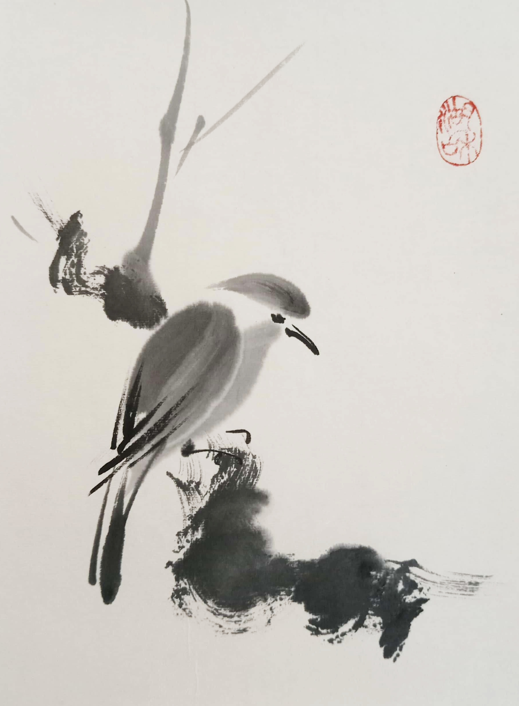 Pintura sumi-e de pájaro zen