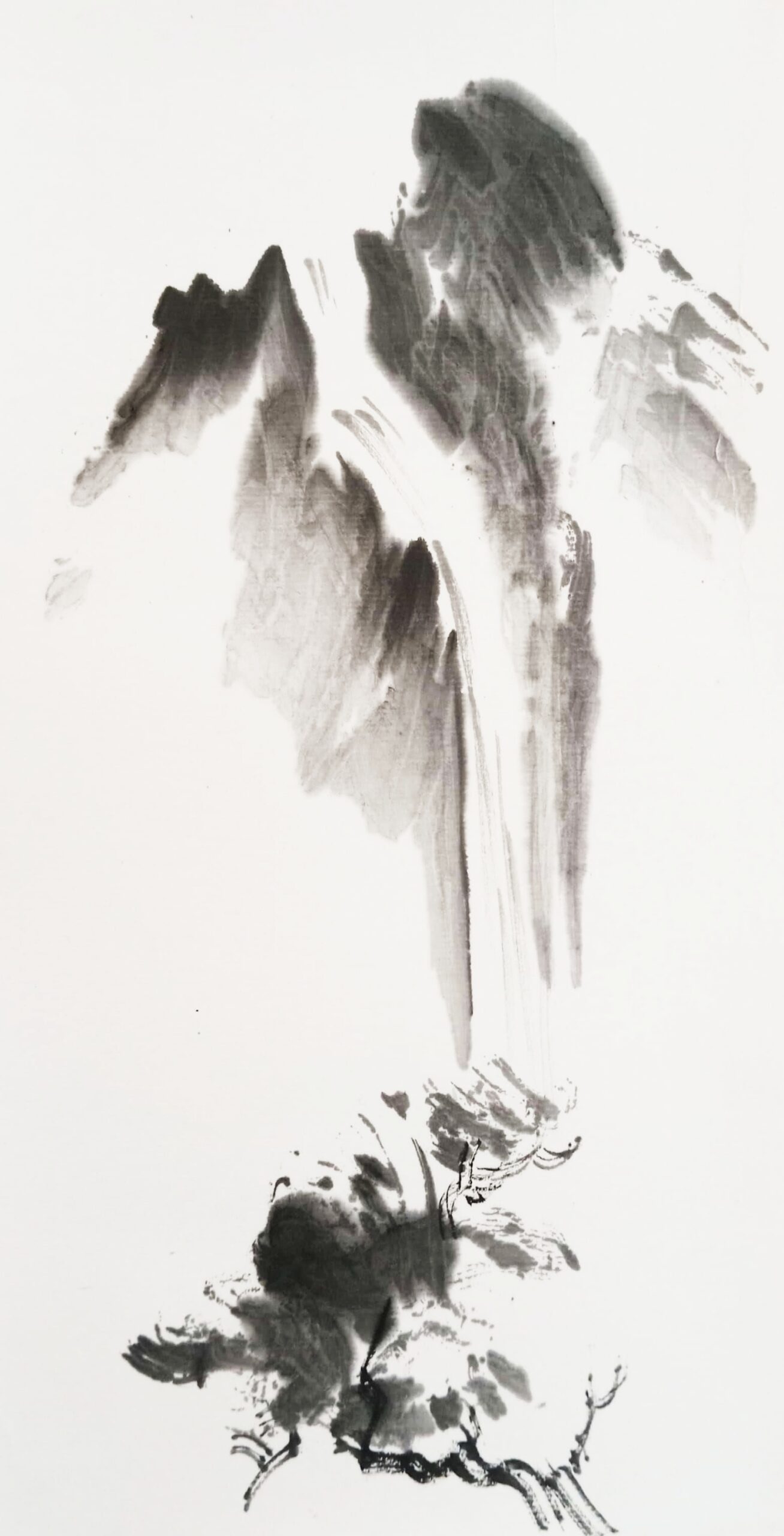 Pintura sumi-e de pequeña cascada