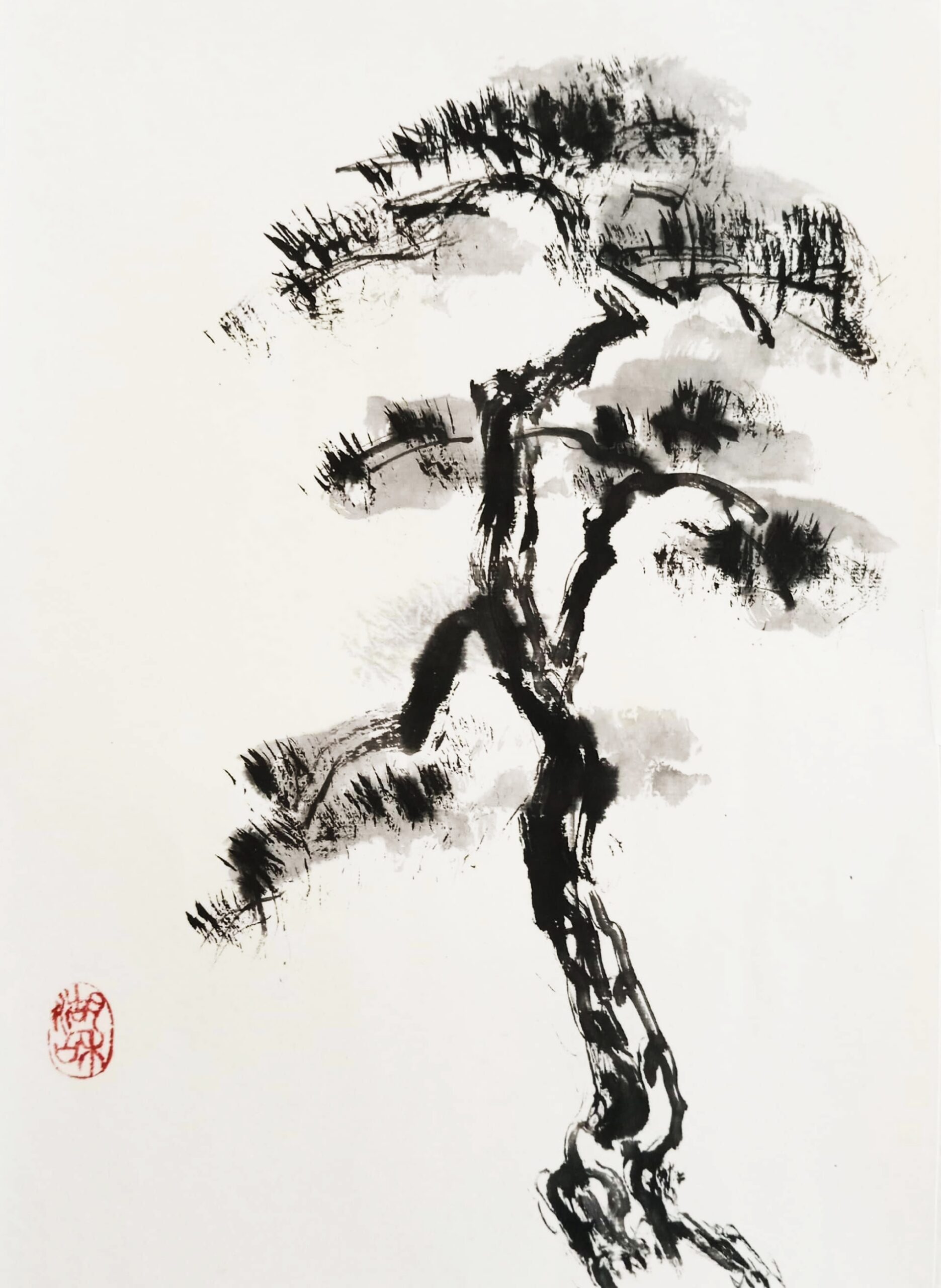 Pintura sumi-e de pino antiguo