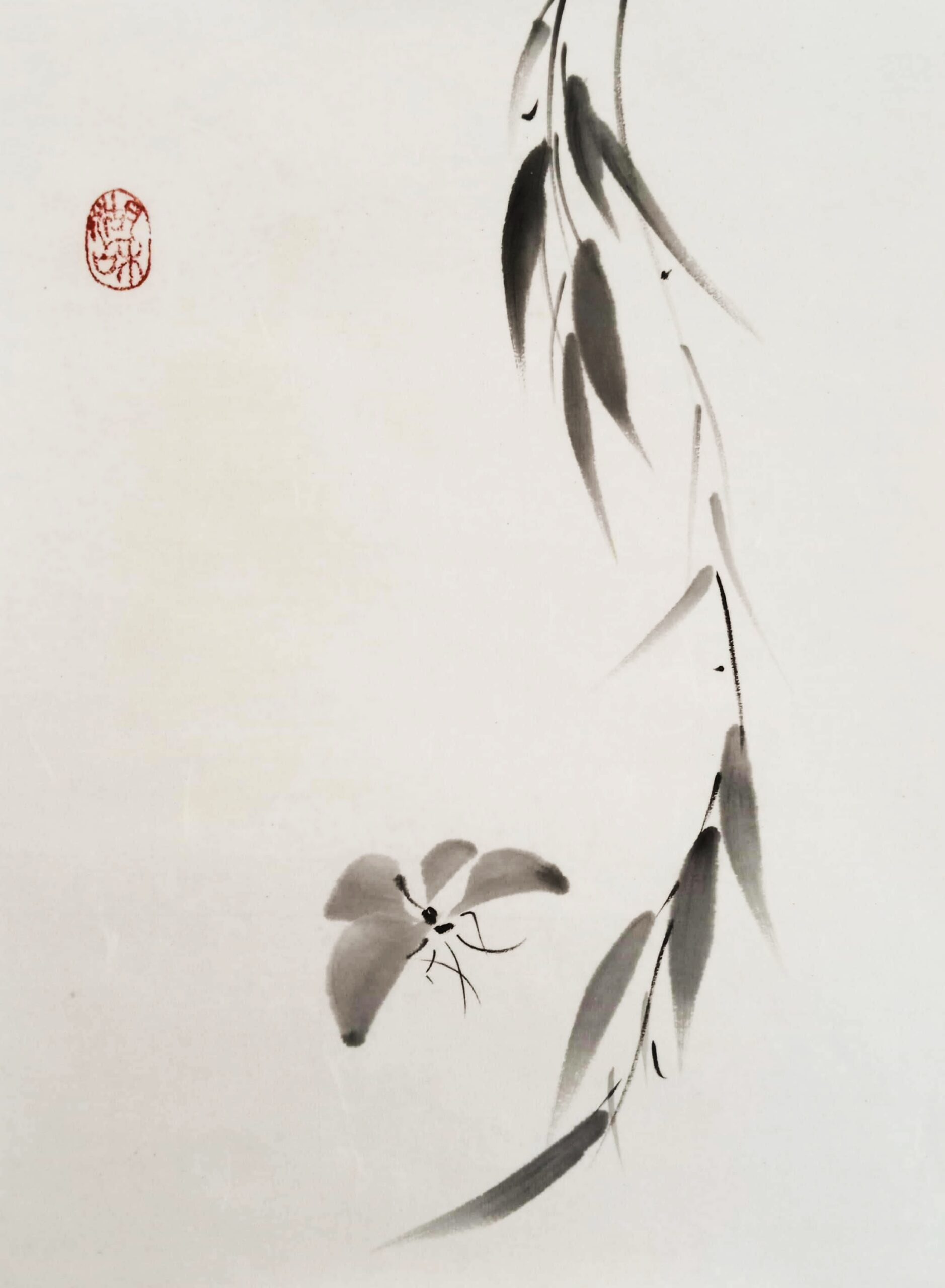 Pintura sumi-e de rama de sauce con mariposa