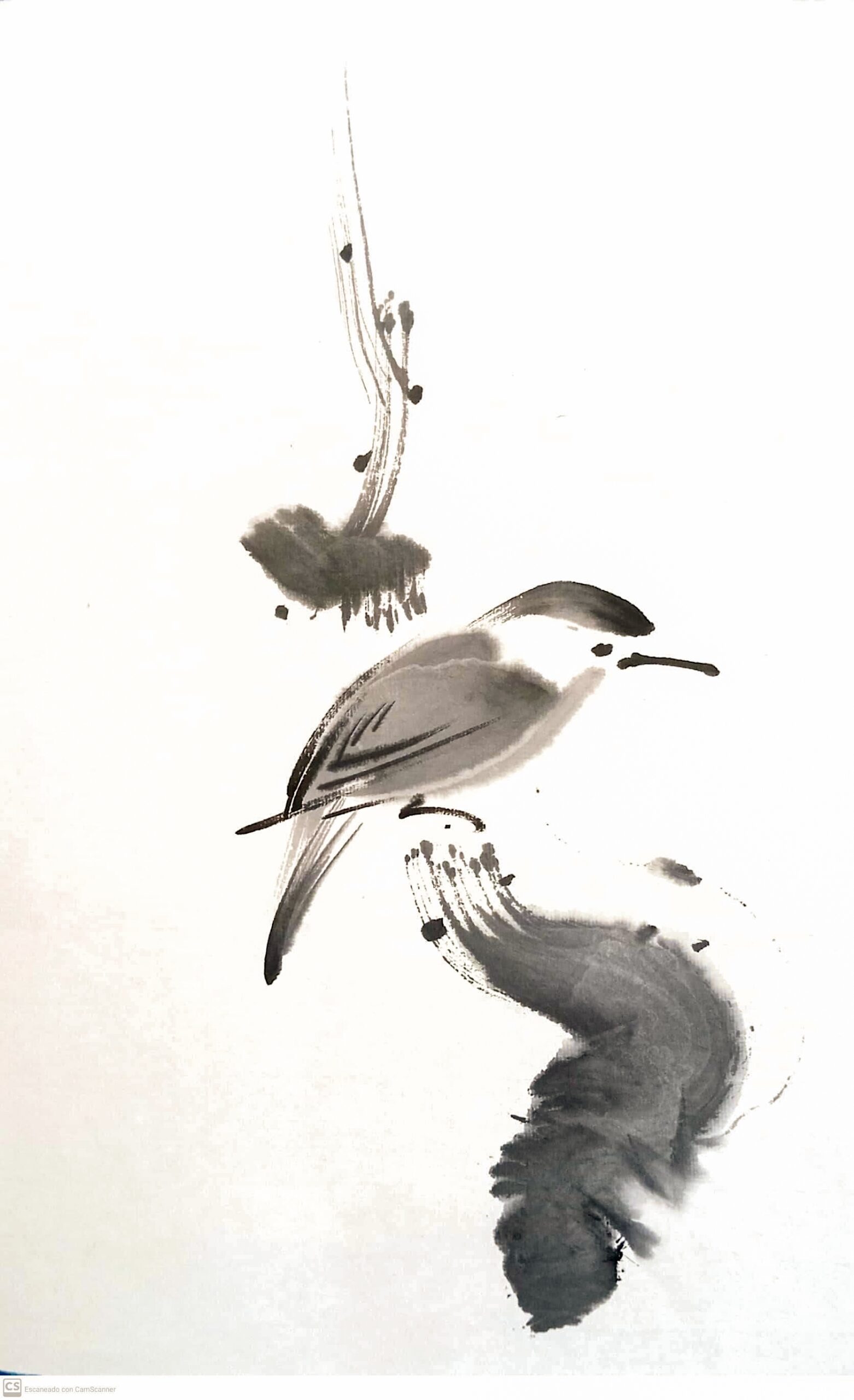 Pintura sumi-e de pájaro zen