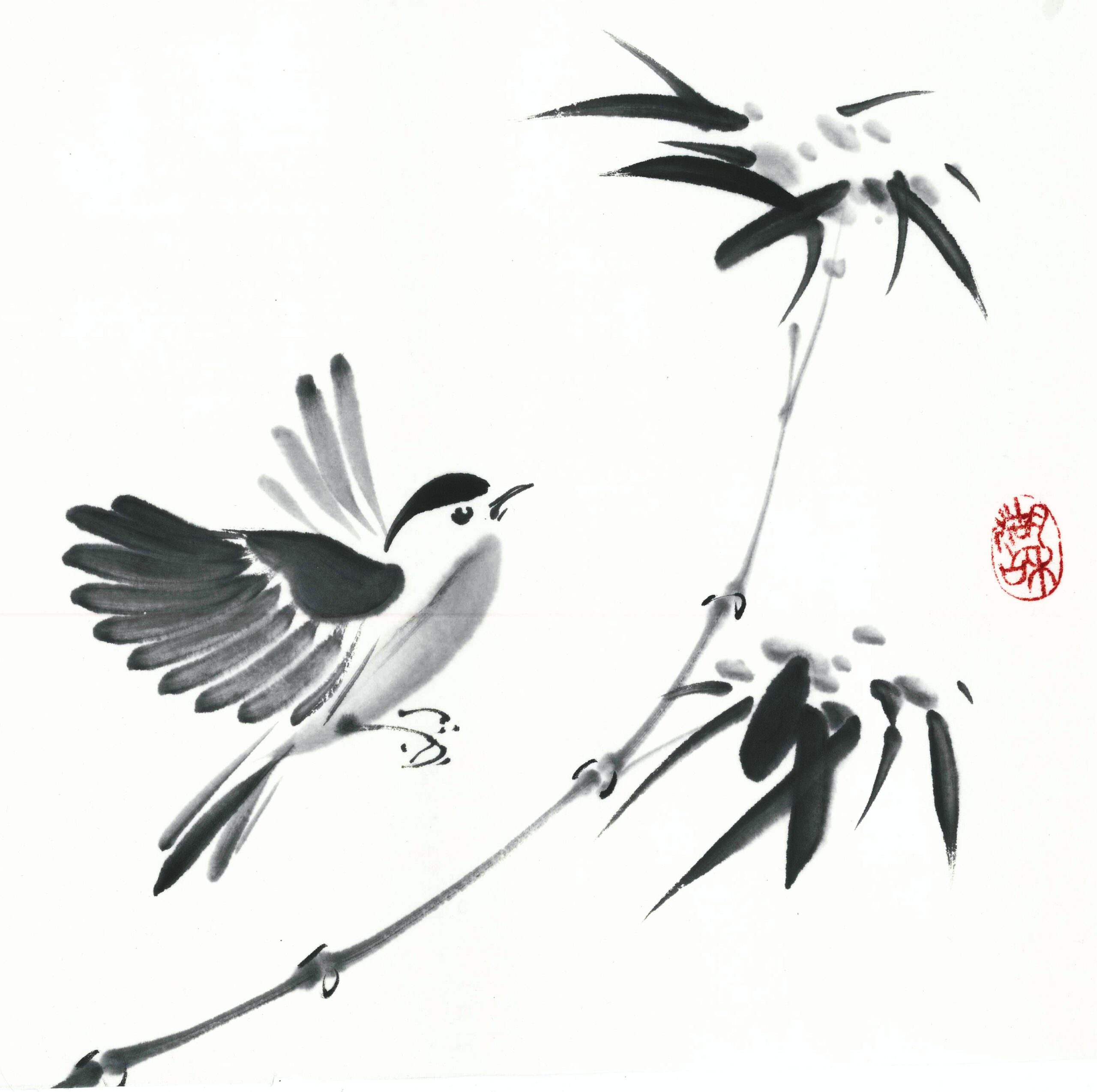 Pintura sumi-e de vuelo de nieve